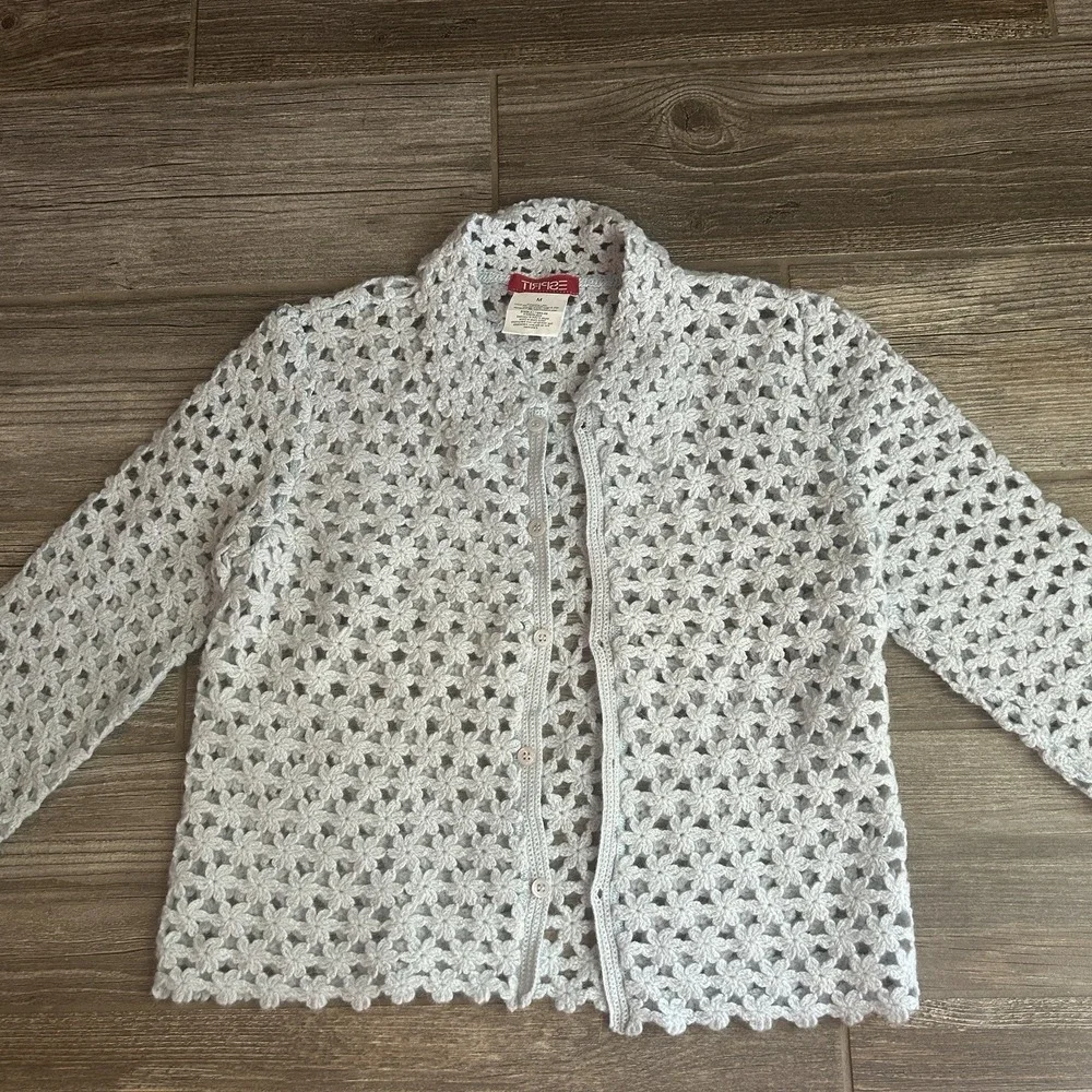 ESPRIT Kids Light Blue Crochet Flower Cardigan Sweater Size M Sweet Grandma